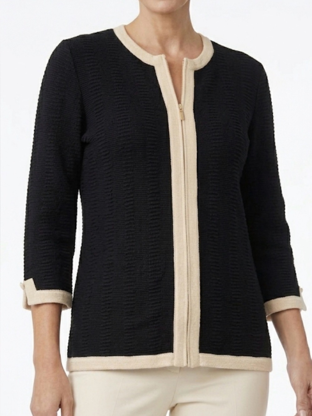 St. John Collection Black Cardigan with Cream Trim Accents